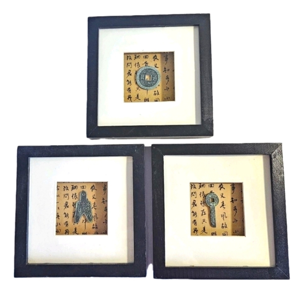 3 Vintage Asian Oriental Chinese Old Money Key Picture Letter Framed Shadow Box